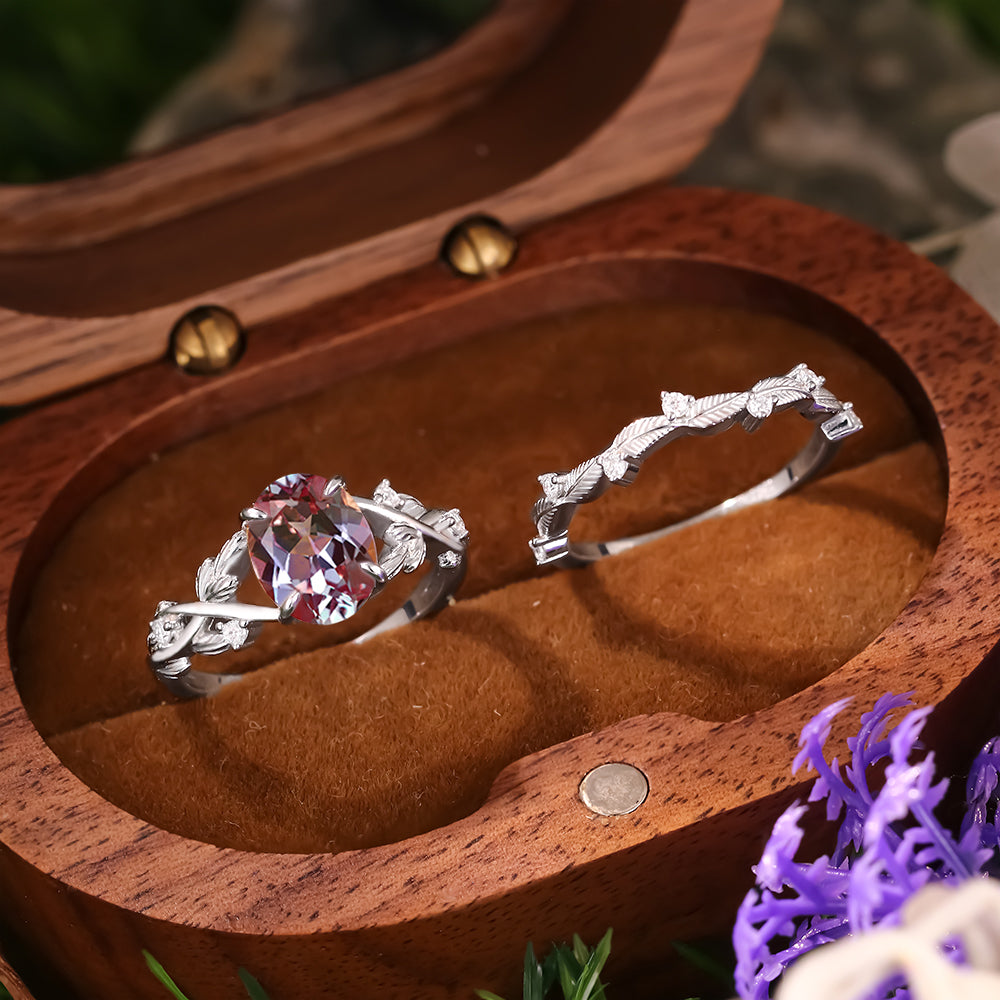 [Buy 1 Get 1 Free]2.16 ct Oval Cut Lab Alexandrite Accents Engagement Ring Nature Inspired Leaf Branch Twist Bridal Ring Set