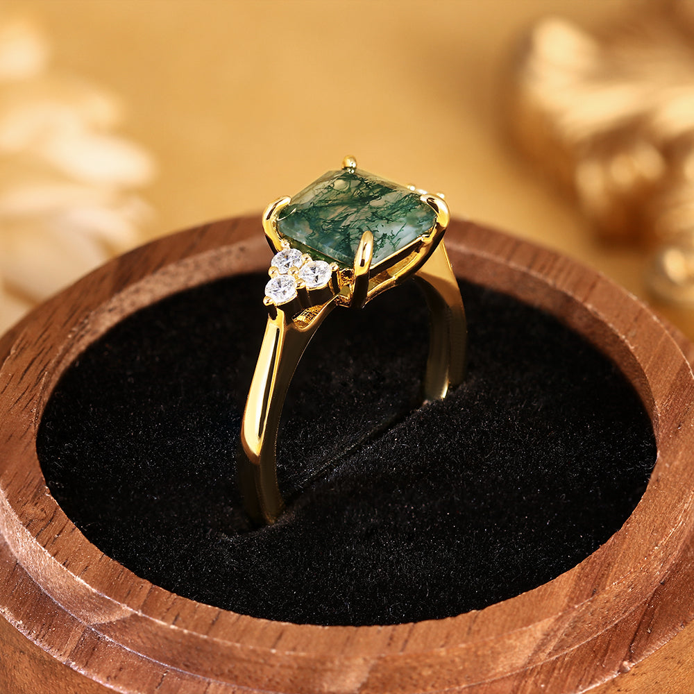 Princess Cut Moss Agate Engagement Ring with Cluster Side Accent Stones