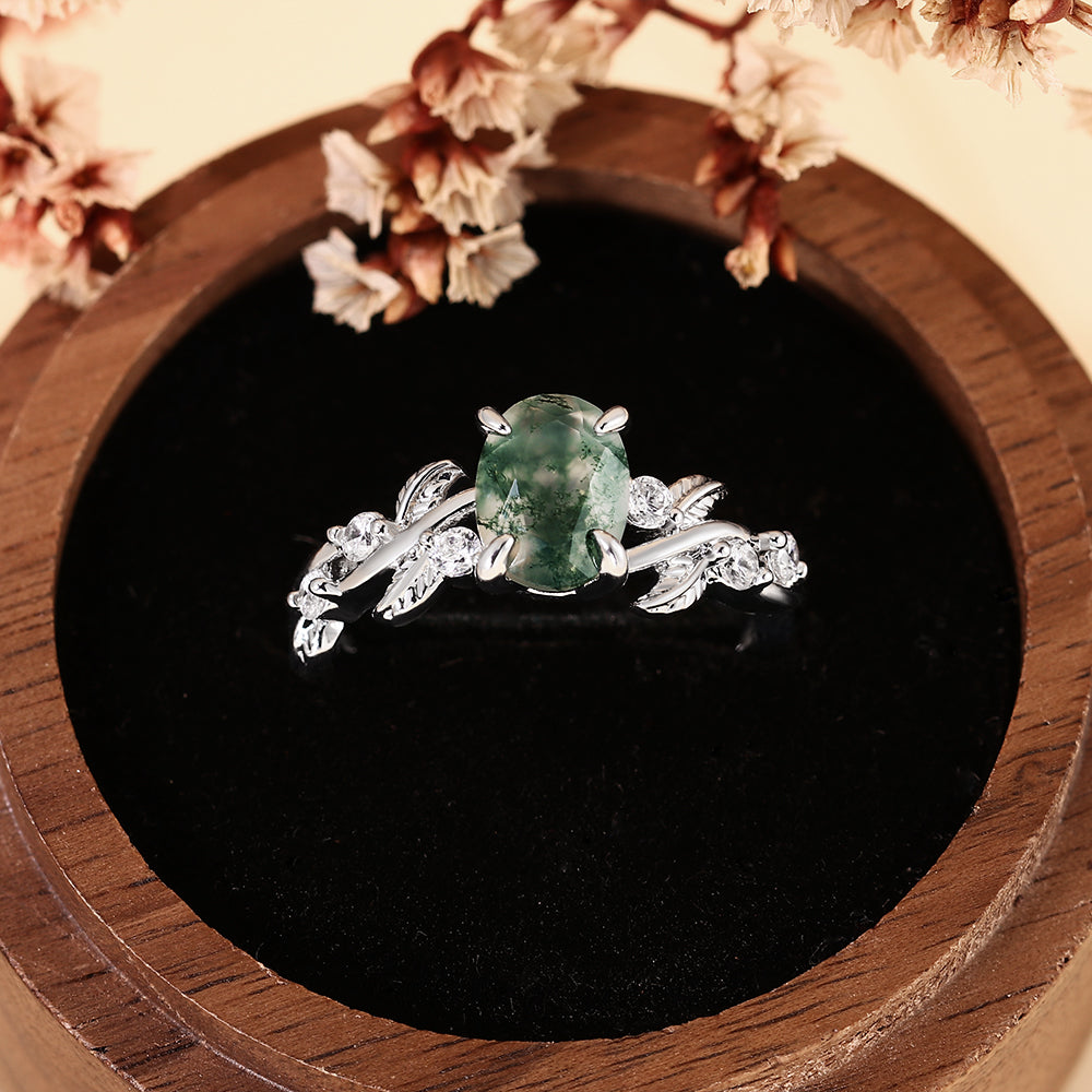 Nature Inspired Leaf Vine Oval Cut Moss Agate Engagement Ring