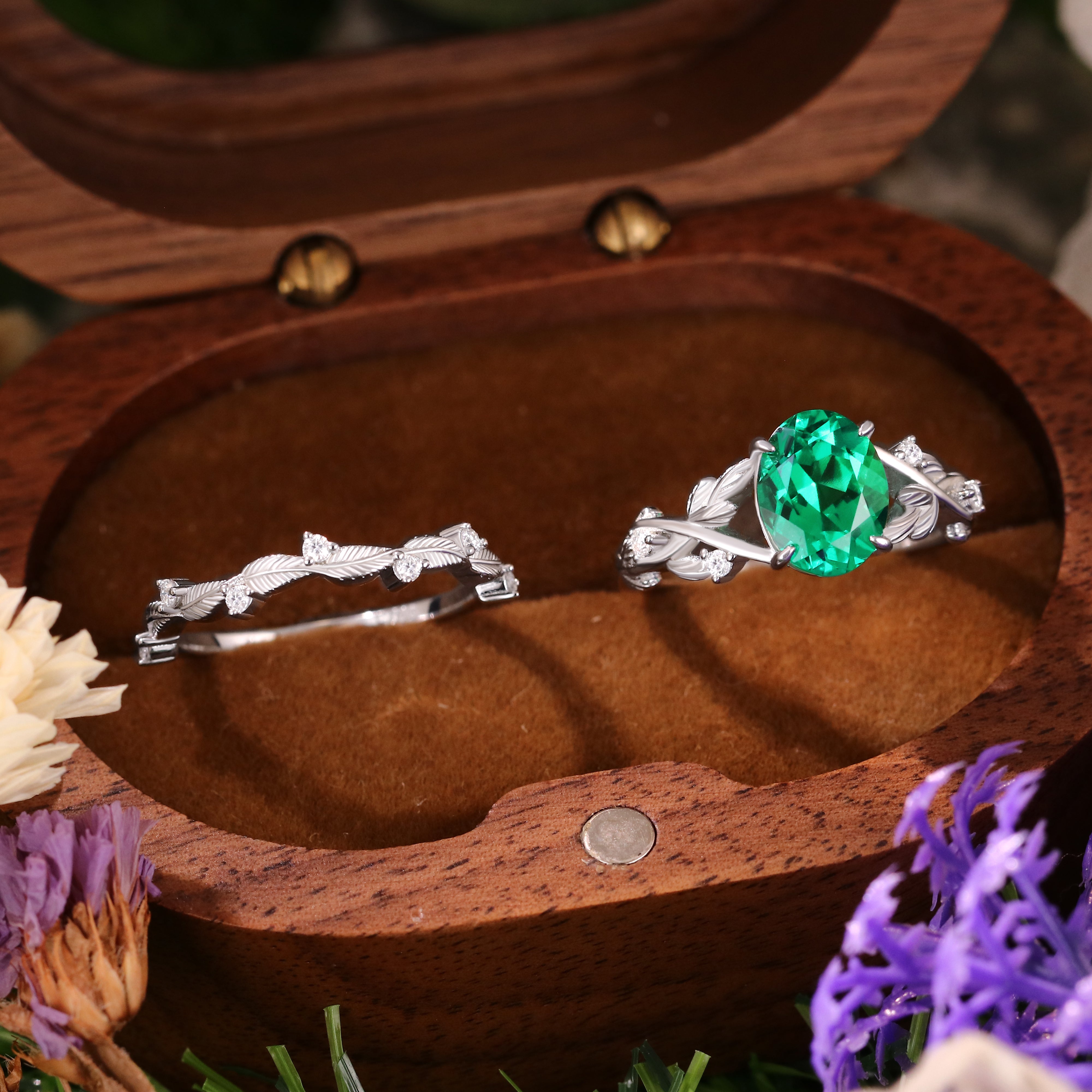 1.98 ct Oval Cut Lab Emerald Accents Engagement Ring Nature Inspired Leaf Branch Twist Bridal Ring Set