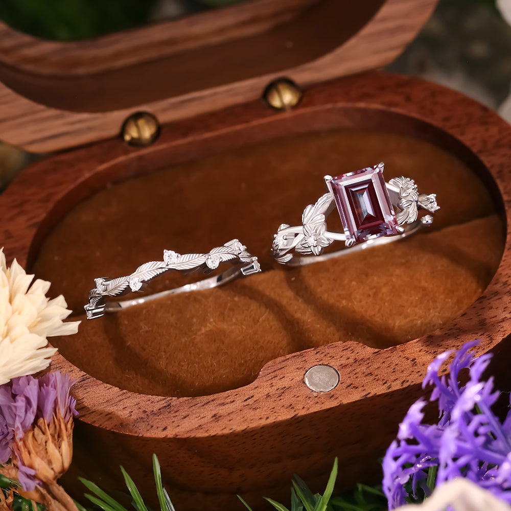 1.89 ct Emerald Cut Lab Alexandrite Engagement Ring Nature Inspired Floral And Leaf Twist Bridal Ring Set