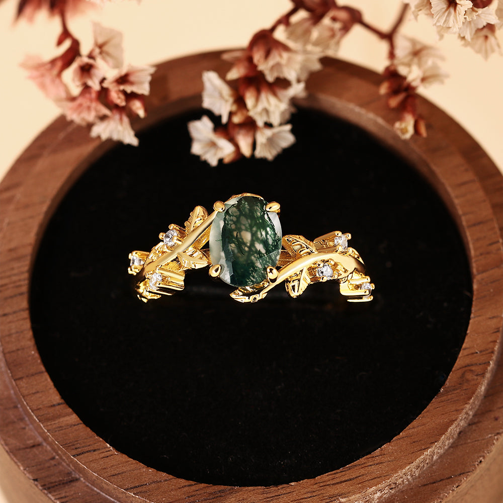 Nature Inspired Oval Cut Moss Agate Leaf & Vine Engagement Ring