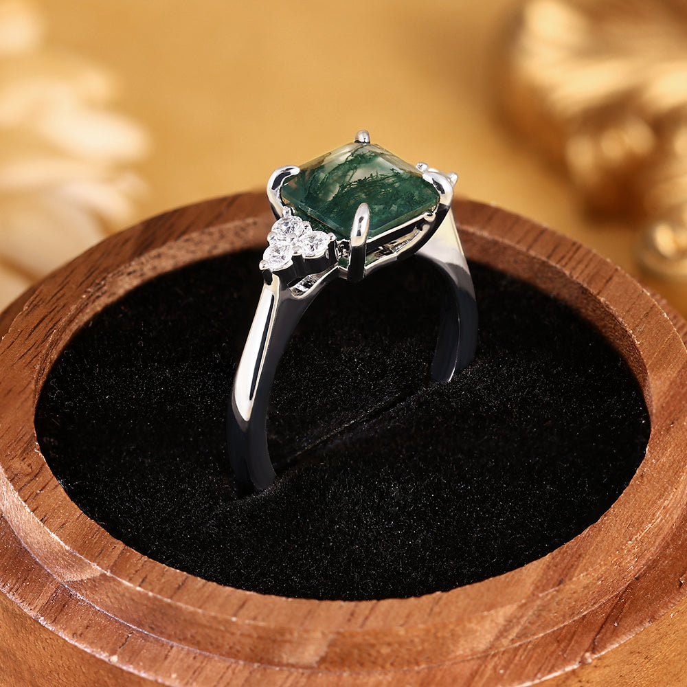 Princess Cut Moss Agate Engagement Ring with Cluster Side Accent Stones