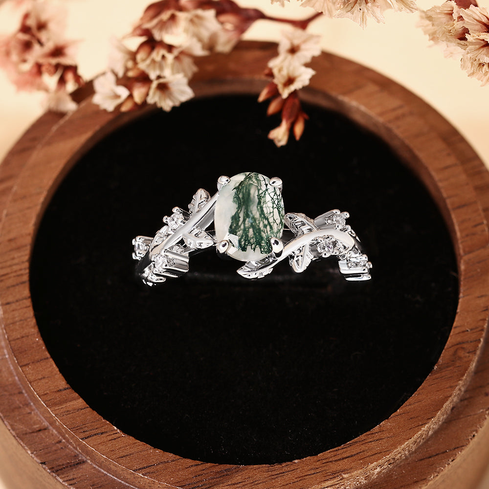 Nature Inspired Oval Cut Moss Agate Leaf & Vine Engagement Ring