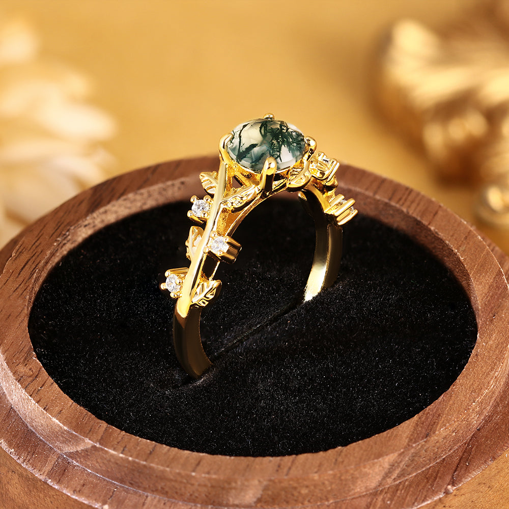 Round Cut Moss Agate Nature Inspired Twig and Leaf Engagement Ring