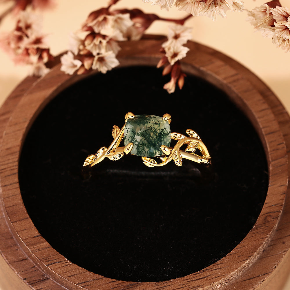 Nature Inspired Leaf Vine Cushion Cut Moss Agate Engagement Ring
