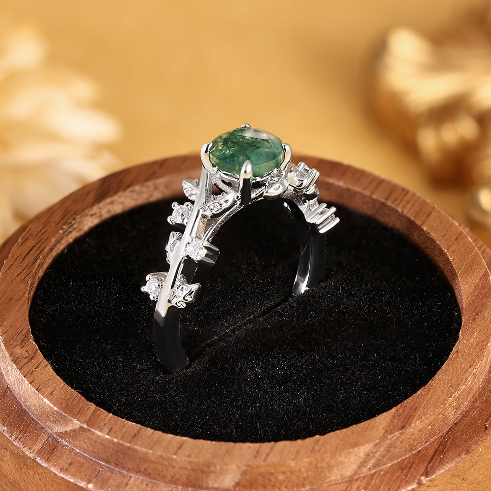 Round Cut Moss Agate Nature Inspired Twig and Leaf Engagement Ring