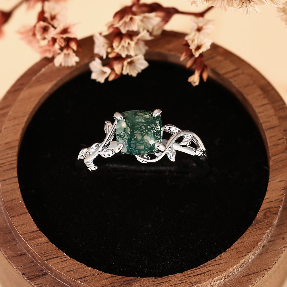 Nature Inspired Leaf Vine Cushion Cut Moss Agate Engagement Ring