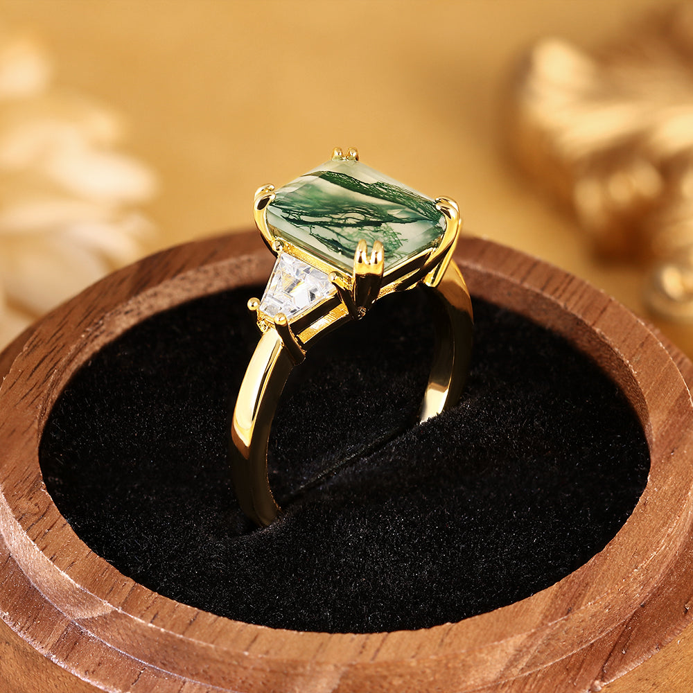 Vintage Emerald Cut Moss Agate Three-Stone Engagement Ring