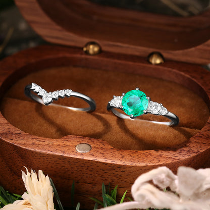 1.70 ct Round Cut Lab Emerald Vintage Five Stone Ring Curved Stacking Ring Bridal Ring Set
