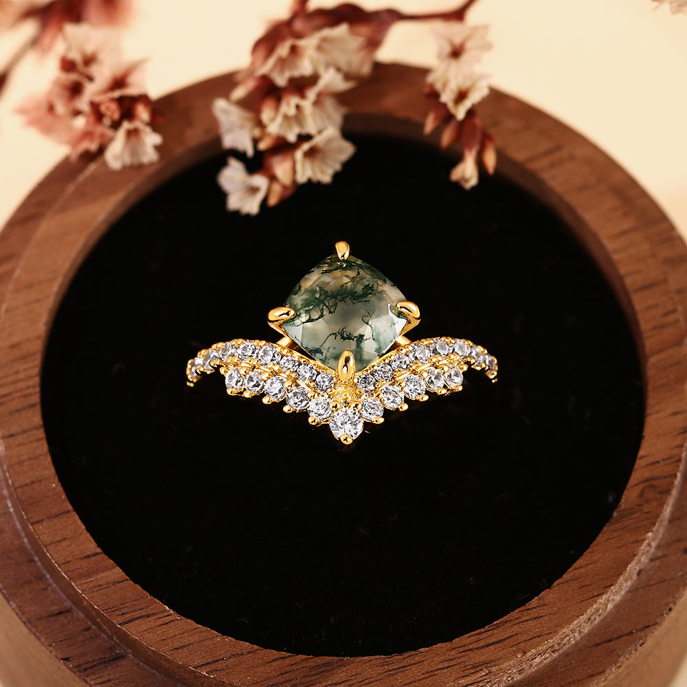 Vintage Natural Cushion Cut Moss Agate Engagement Ring