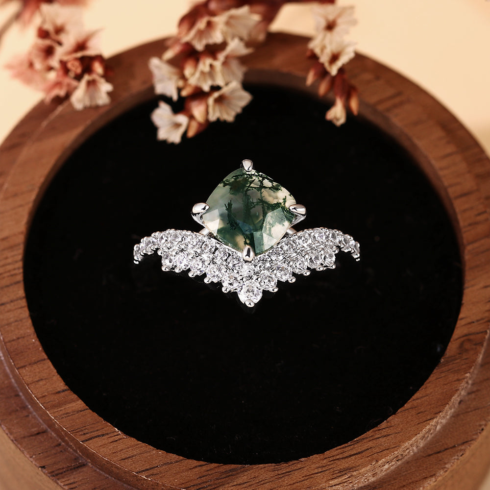 Vintage Natural Cushion Cut Moss Agate Engagement Ring