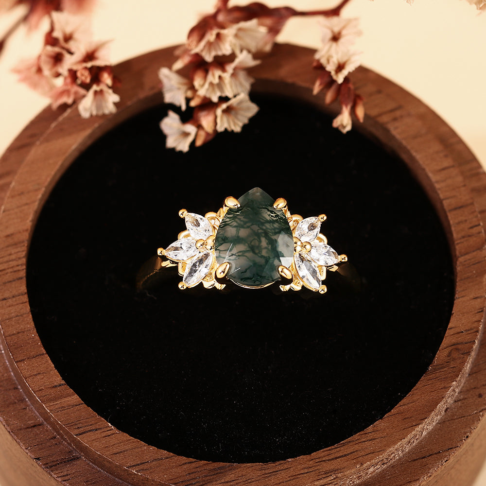 Botanical Pear Cut Moss Agate Vintage Marquise Cluster Leaf Engagement Ring