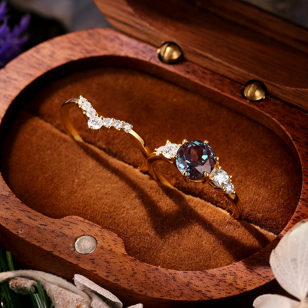 [Buy 1 Get 1 Free]3.02ct Round Cut Lab Alexandrite Vintage Engagement Bridal Ring Set