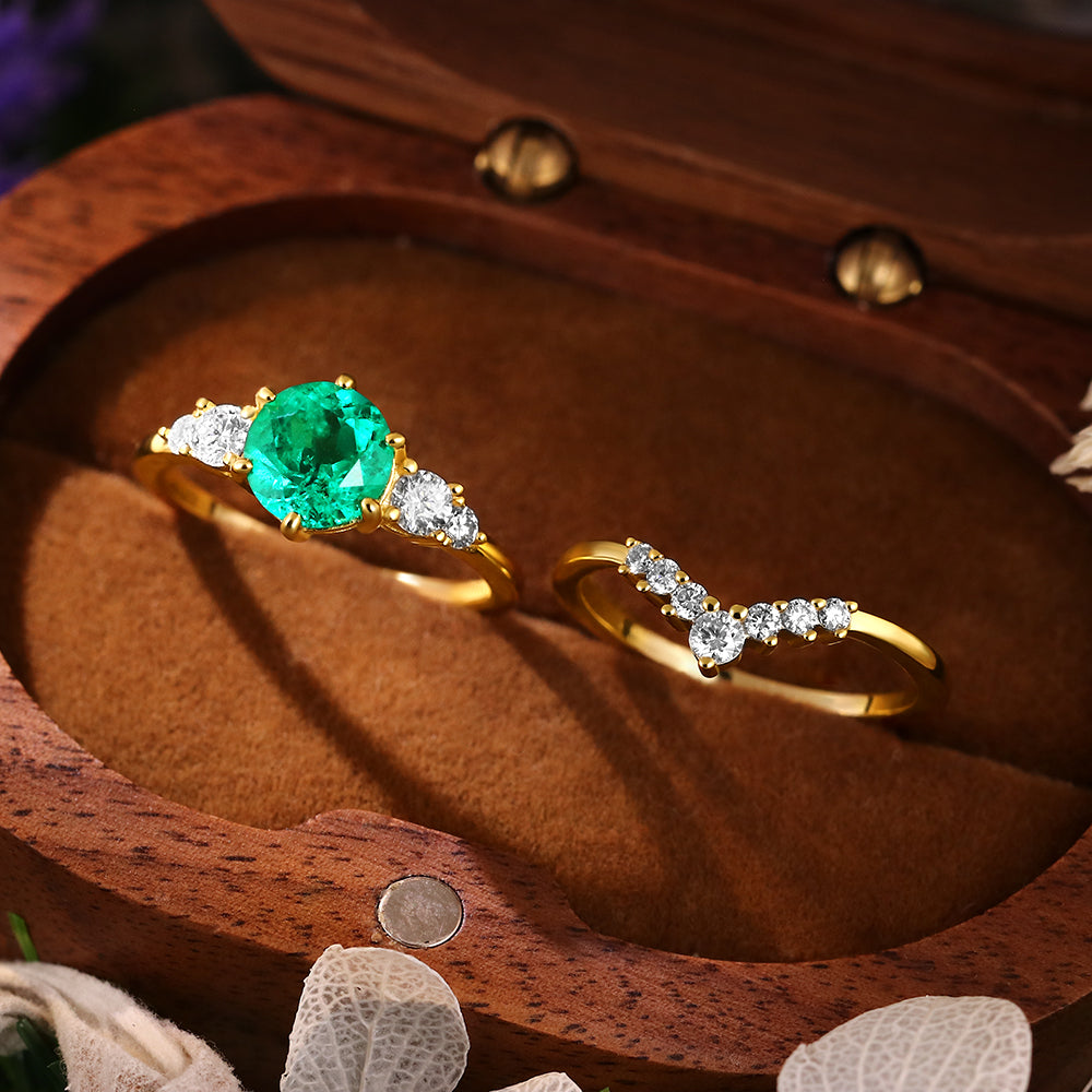 1.87 ct Round Cut Lab Emerald Vintage Five Stone Ring Curved Stacking Ring Bridal Ring Set