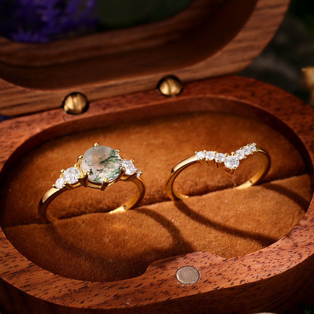 7mm Round Cut Moss Agate Vintage Engagement Bridal Ring Set