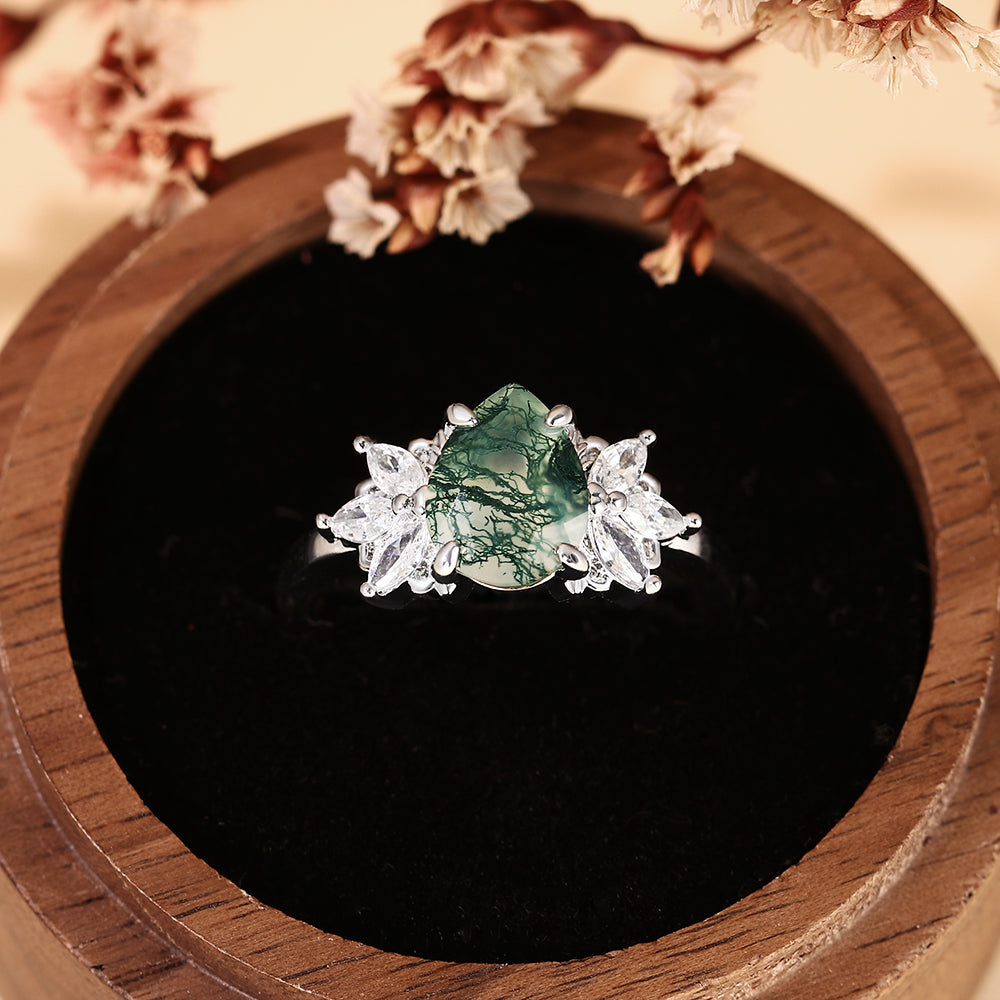 Botanical Pear Cut Moss Agate Vintage Marquise Cluster Leaf Engagement Ring