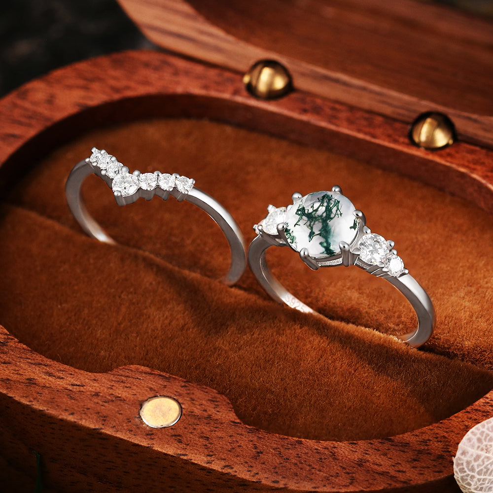 7mm Round Cut Moss Agate Vintage Engagement Bridal Ring Set