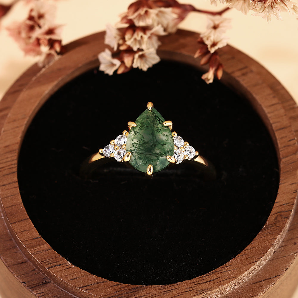 Nature Inspired Unique Pear Cut Moss Agate Vintage Cluster Engagement Ring