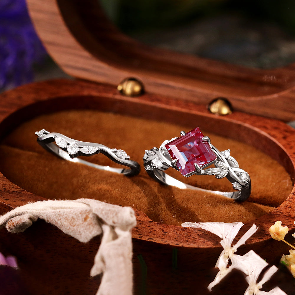 2.42 ct Princess Cut Lab Alexandrite Engagement Ring Leaf Branch Nature Inspired Bridal Ring Set