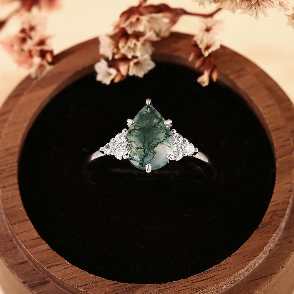 Nature Inspired Unique Pear Cut Moss Agate Vintage Cluster Engagement Ring