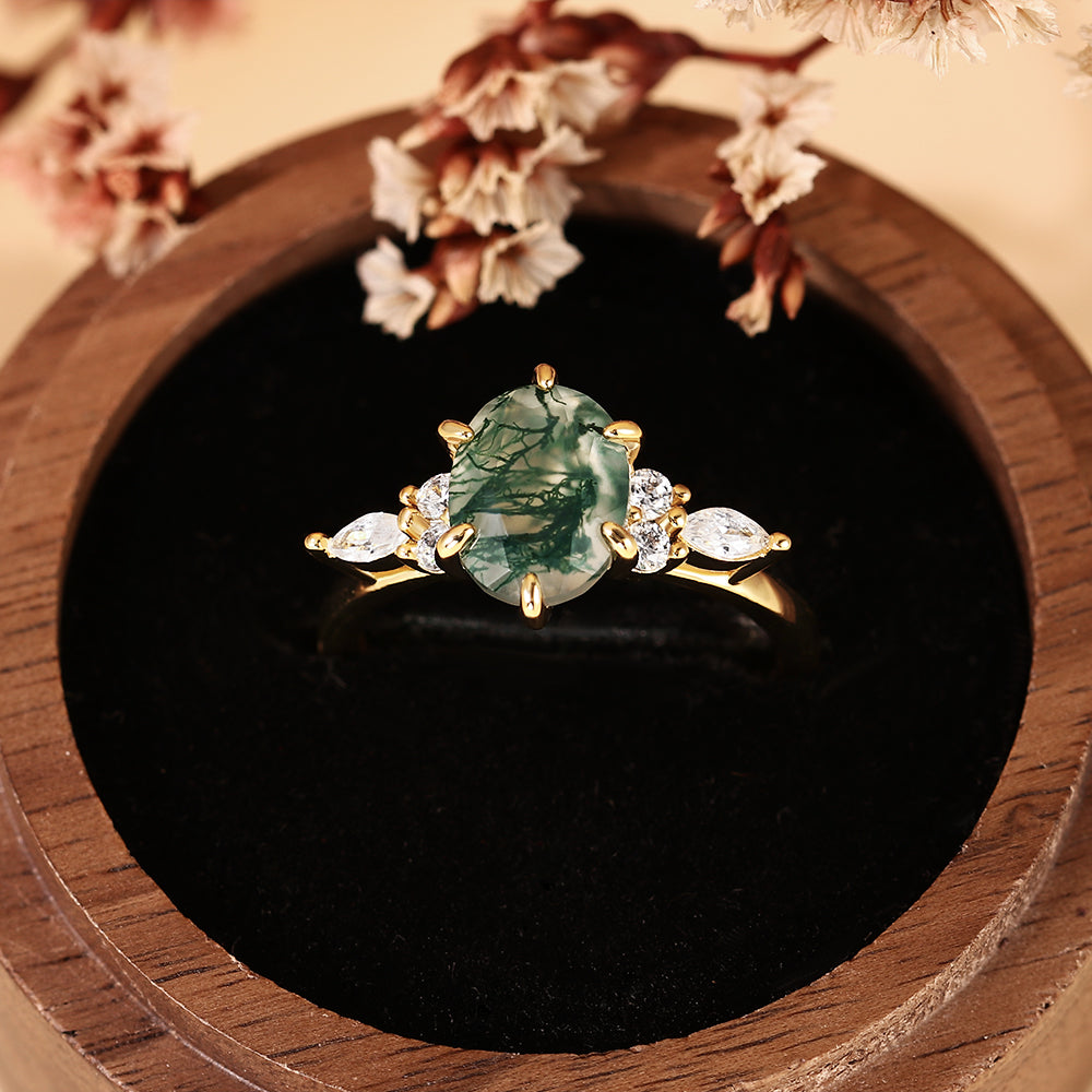 Nature Inspired Oval Cut Moss Agate Cluster Engagement Ring