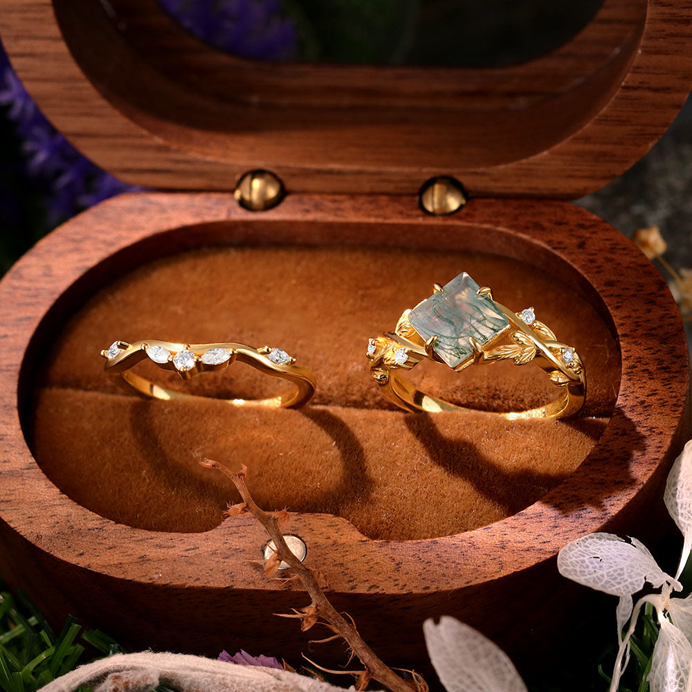 7x7mm Square Cut Moss Agate Nature Inspired Leaf Bridal Ring Set