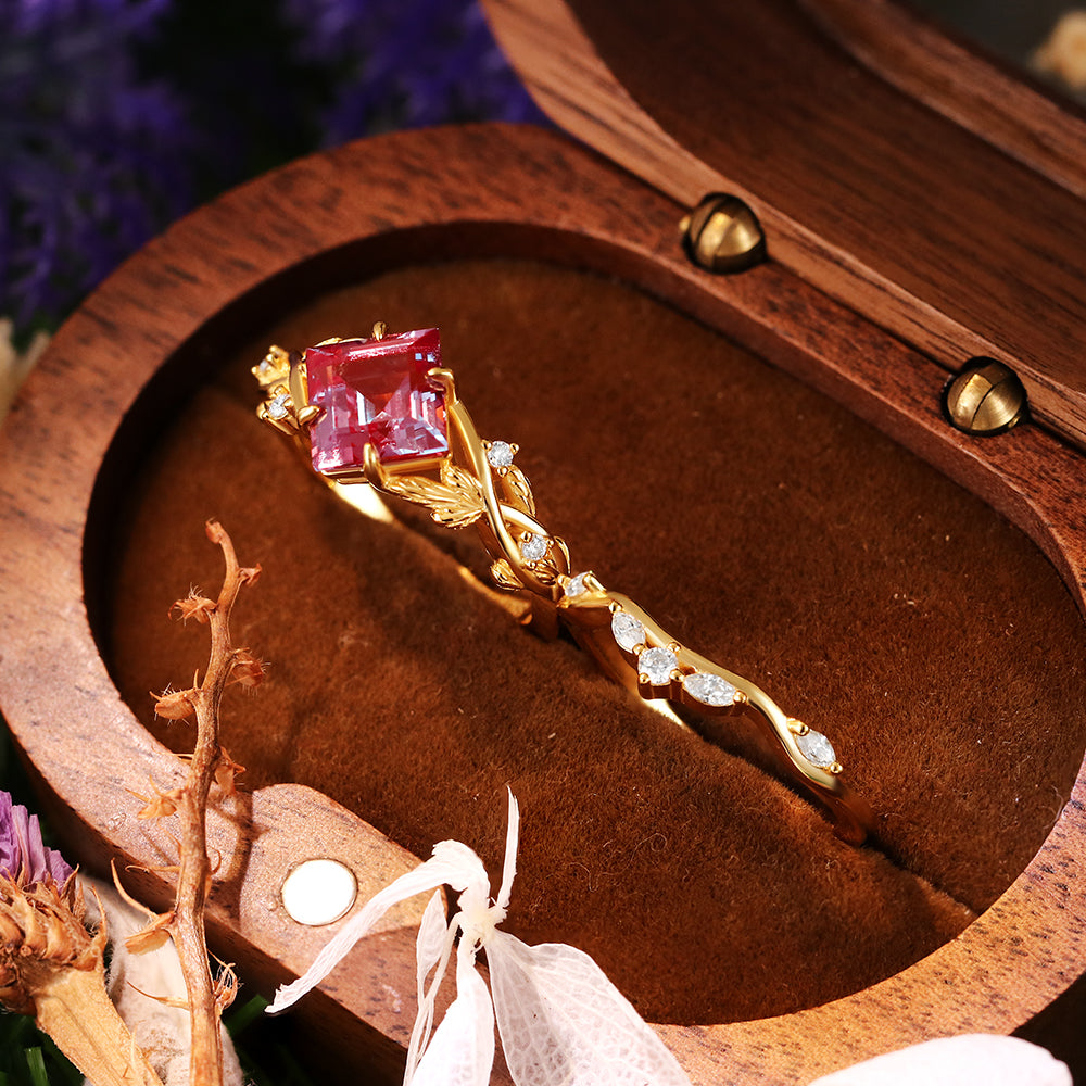 2.42 ct Princess Cut Lab Alexandrite Engagement Ring Leaf Branch Nature Inspired Bridal Ring Set