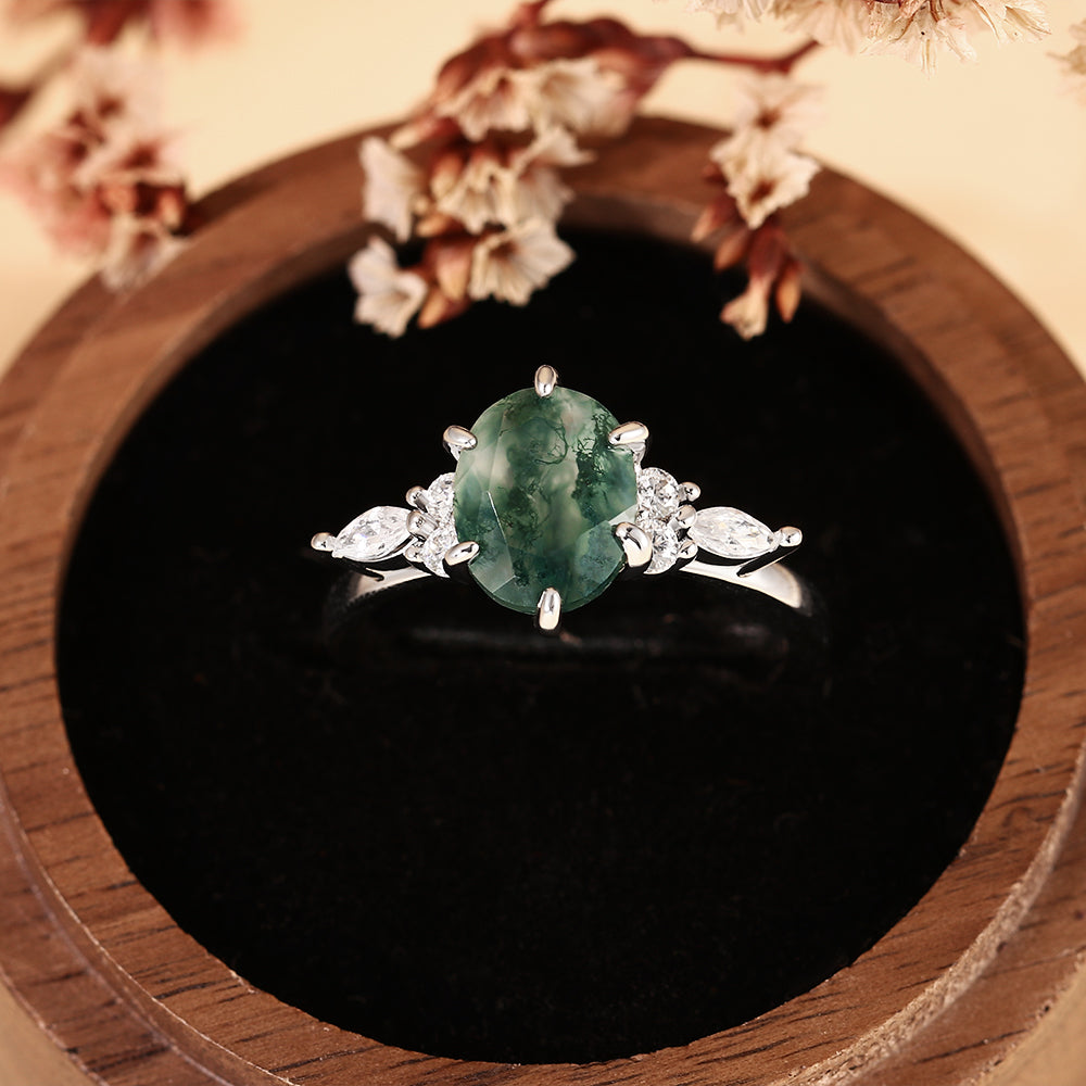 Nature Inspired Oval Cut Moss Agate Cluster Engagement Ring