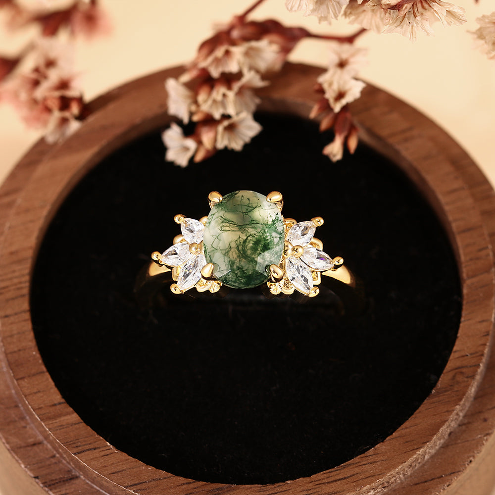 Nature Inspired Oval Cut Moss Agate Engagement Ring with Marquise Accent Cluster