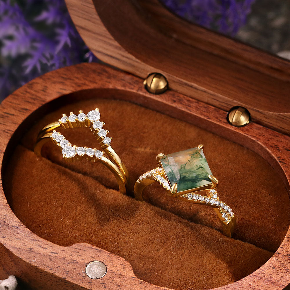 [Buy 1 Get 1 Free]8x8mm Square Cut Moss Agate Vintage Twsited Triple Engagement Ring Set