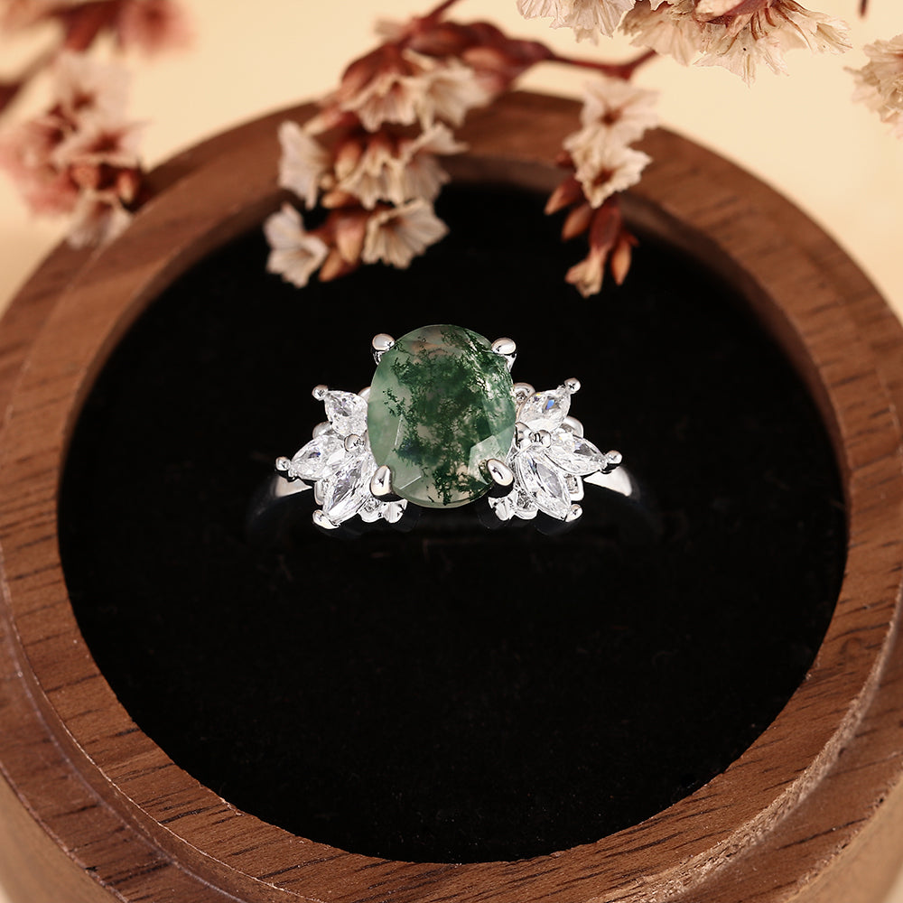 Nature Inspired Oval Cut Moss Agate Engagement Ring with Marquise Accent Cluster