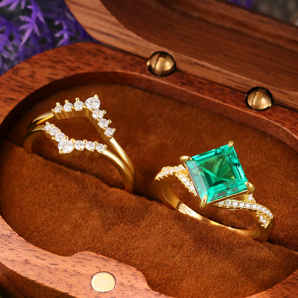 2.48 ct Square Cut Lab Emerald Vintage Twsited Ring Curved Stacking Ring Bridal Ring Set