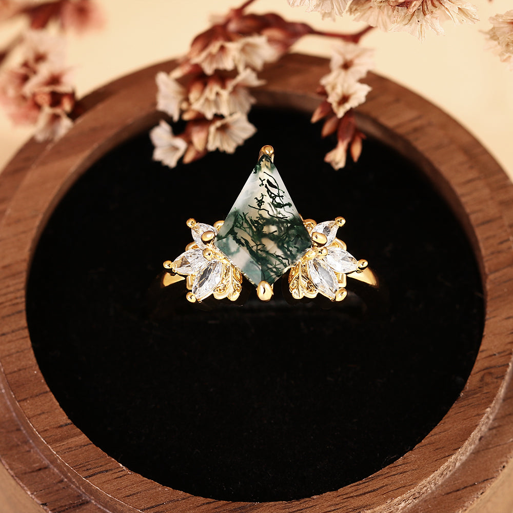 Nature Inspired Kite Cut Moss Agate Vintage Cluster Engagement Ring