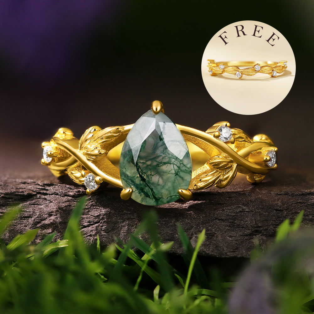 [Buy 1 Get 1 Free]6*8mm Unique Twig Pear Moss Agate Engagement Ring  Leaf Nature Inspired Wedding Ring  Bridal Set