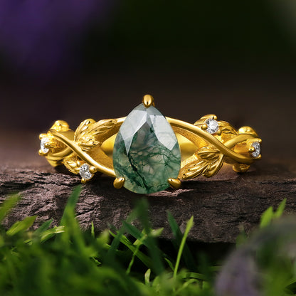 6*8mm Pear Moss Agate Leaf Nature Inspired  Engagement Ring