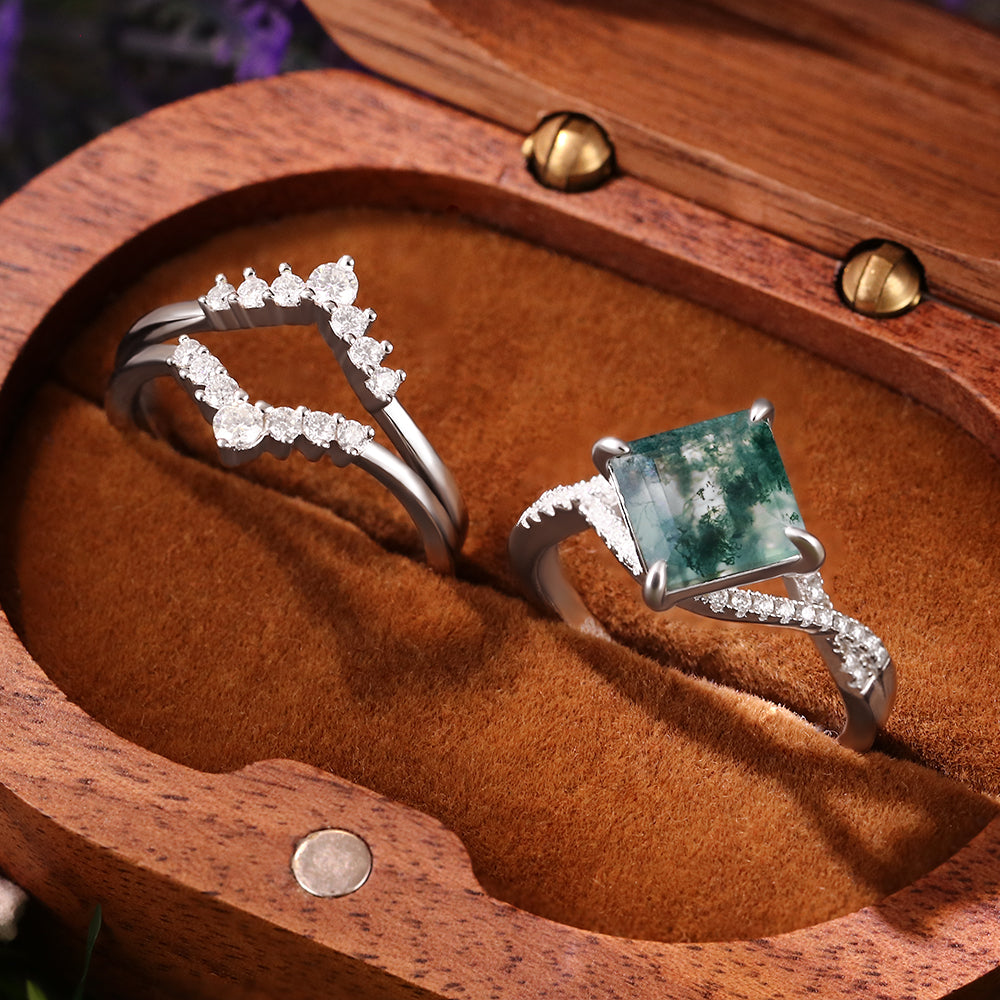 8x8mm Square Cut Moss Agate Vintage Twsited Triple Engagement Ring Set