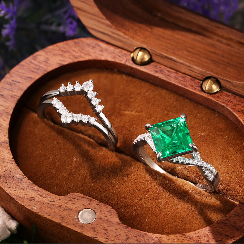 2.48 ct Square Cut Lab Emerald Vintage Twsited Ring Curved Stacking Ring Bridal Ring Set