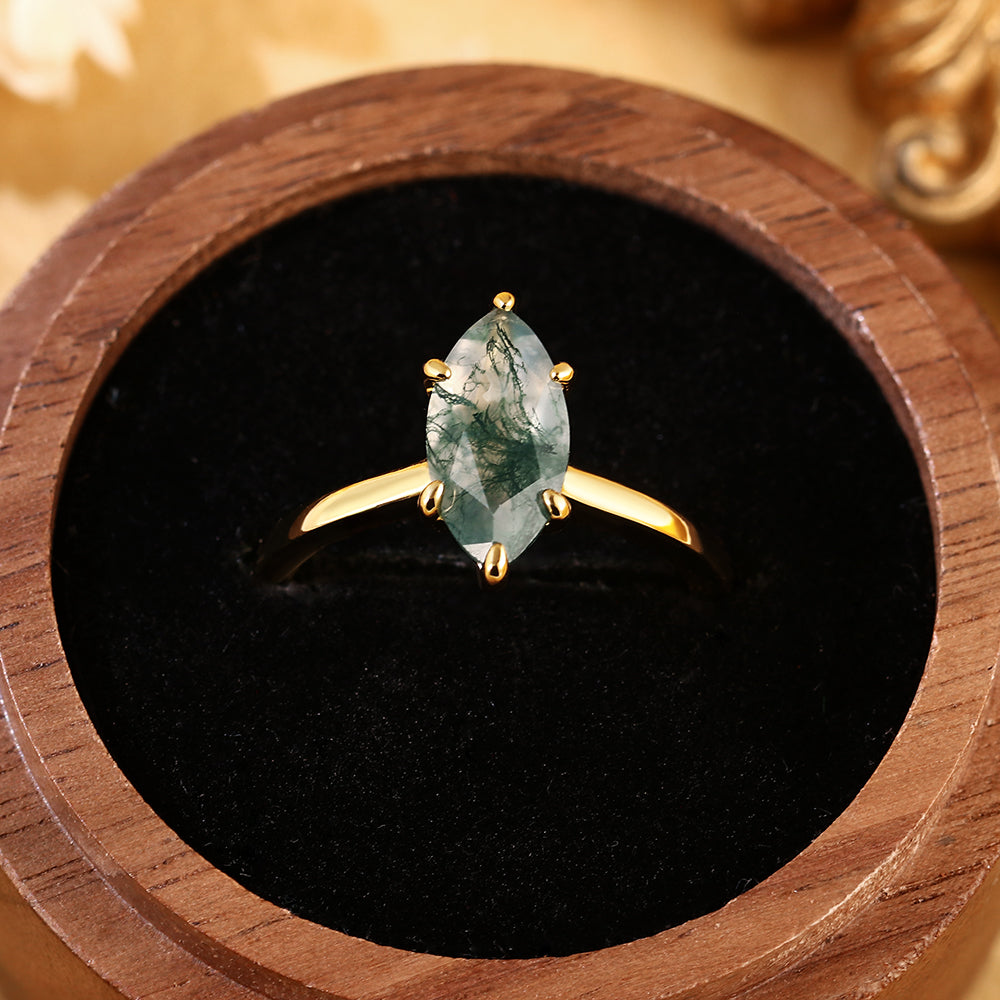 Marquise Cut Moss Agate Unique Nature-Inspired Solitaire Engagement Ring