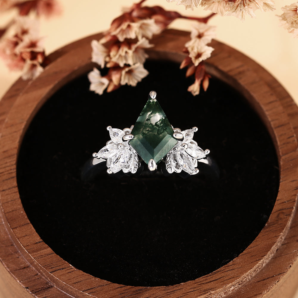 Nature Inspired Kite Cut Moss Agate Vintage Cluster Engagement Ring