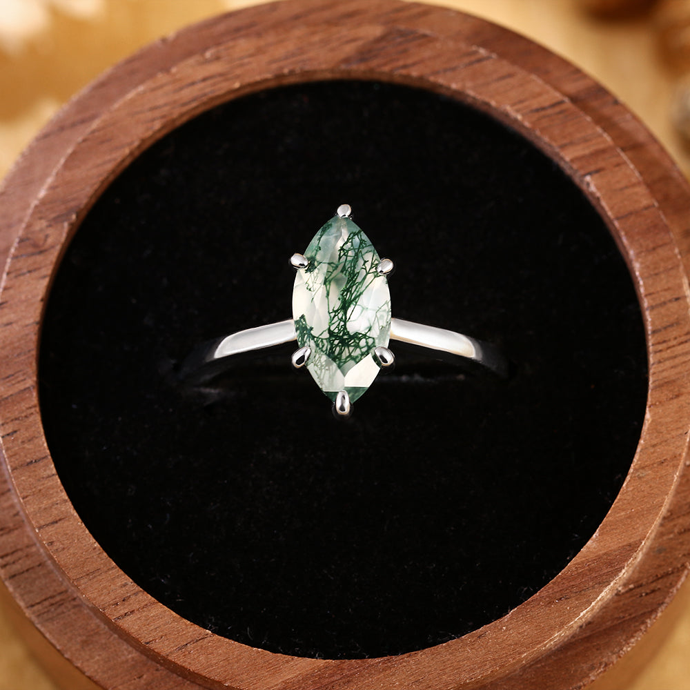 Marquise Cut Moss Agate Unique Nature-Inspired Solitaire Engagement Ring