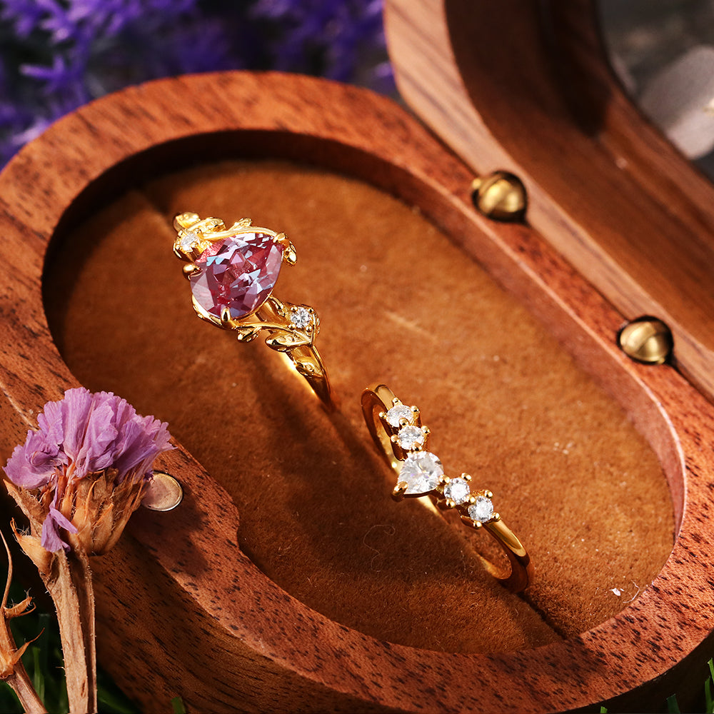 1.85ct Pear Cut Lab Alexandrite Twig Leaf  Engagement Bridal Ring Set