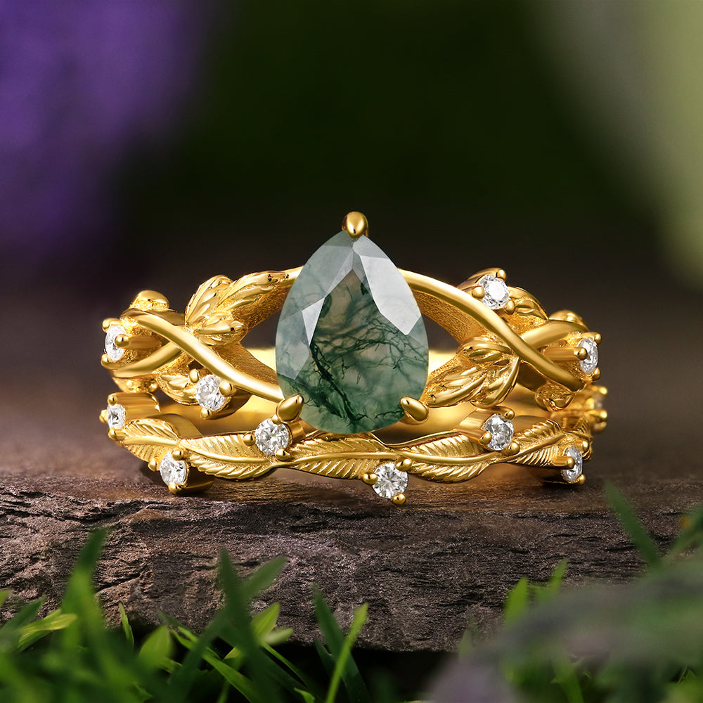 [Buy 1 Get 1 Free]6*8mm Unique Twig Pear Moss Agate Engagement Ring  Leaf Nature Inspired Wedding Ring  Bridal Set