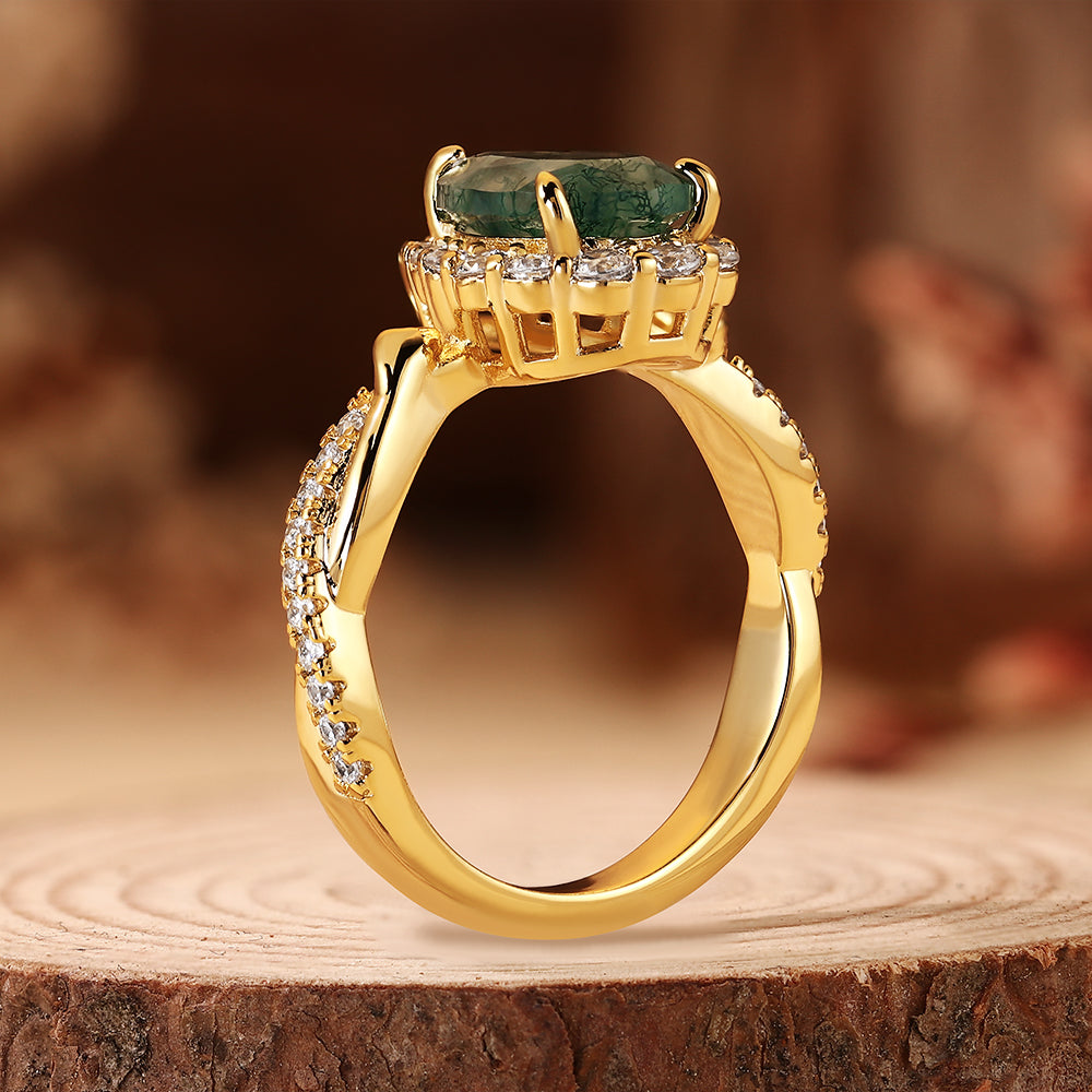 Vintage Natural Pear Cut Moss Agate Unique Halo Twisted Engagement Ring