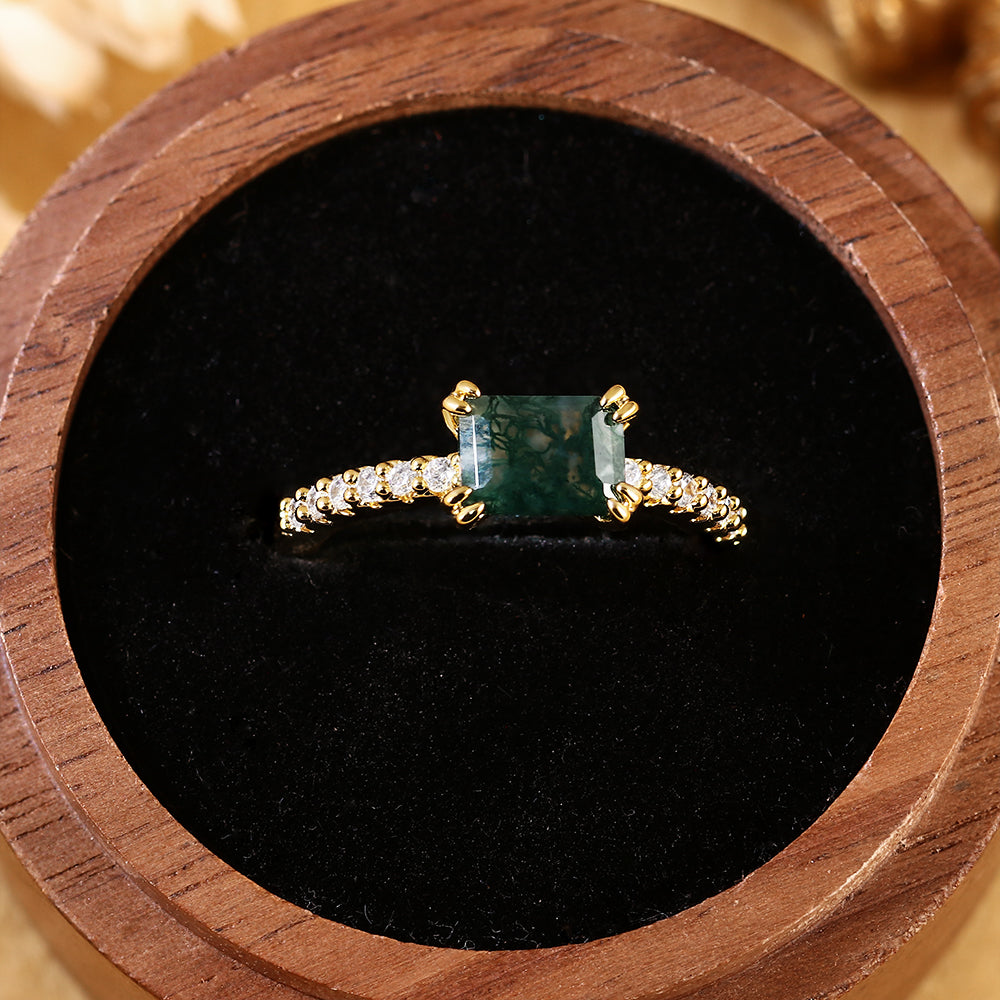 Vintage Inspired Emerald Cut Moss Agate Engagement Ring