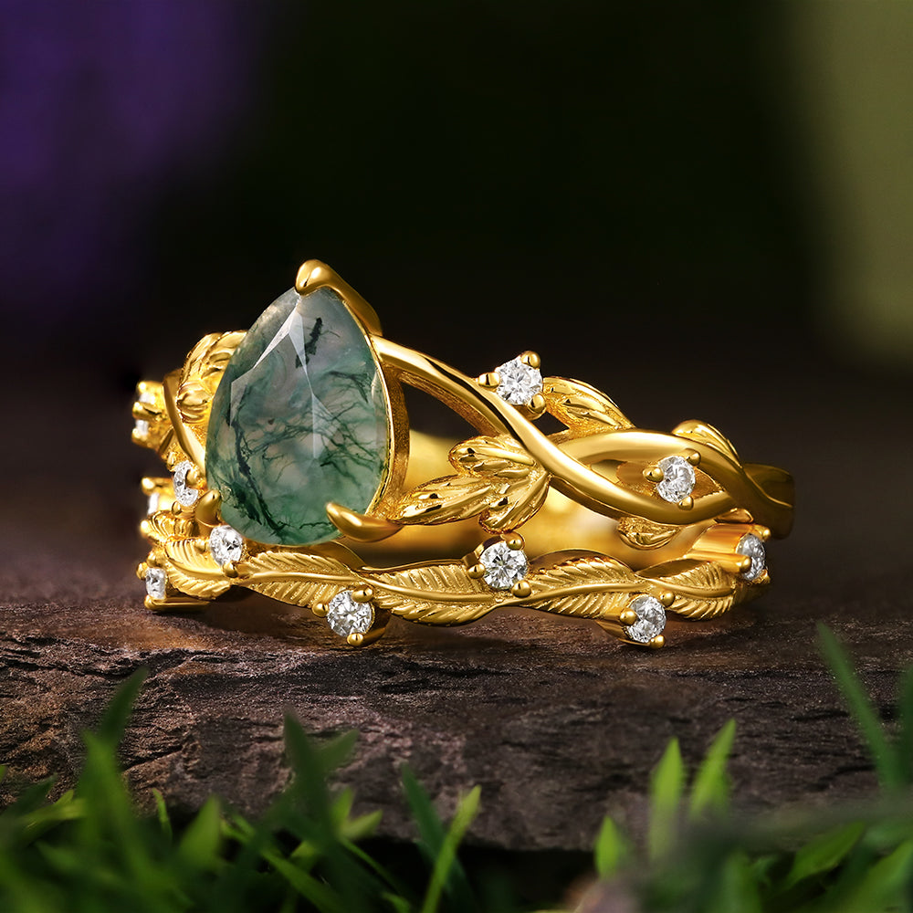 6*8mm Unique Twig Pear Moss Agate Engagement Ring Leaf Nature Inspired Wedding Ring  Bridal Set