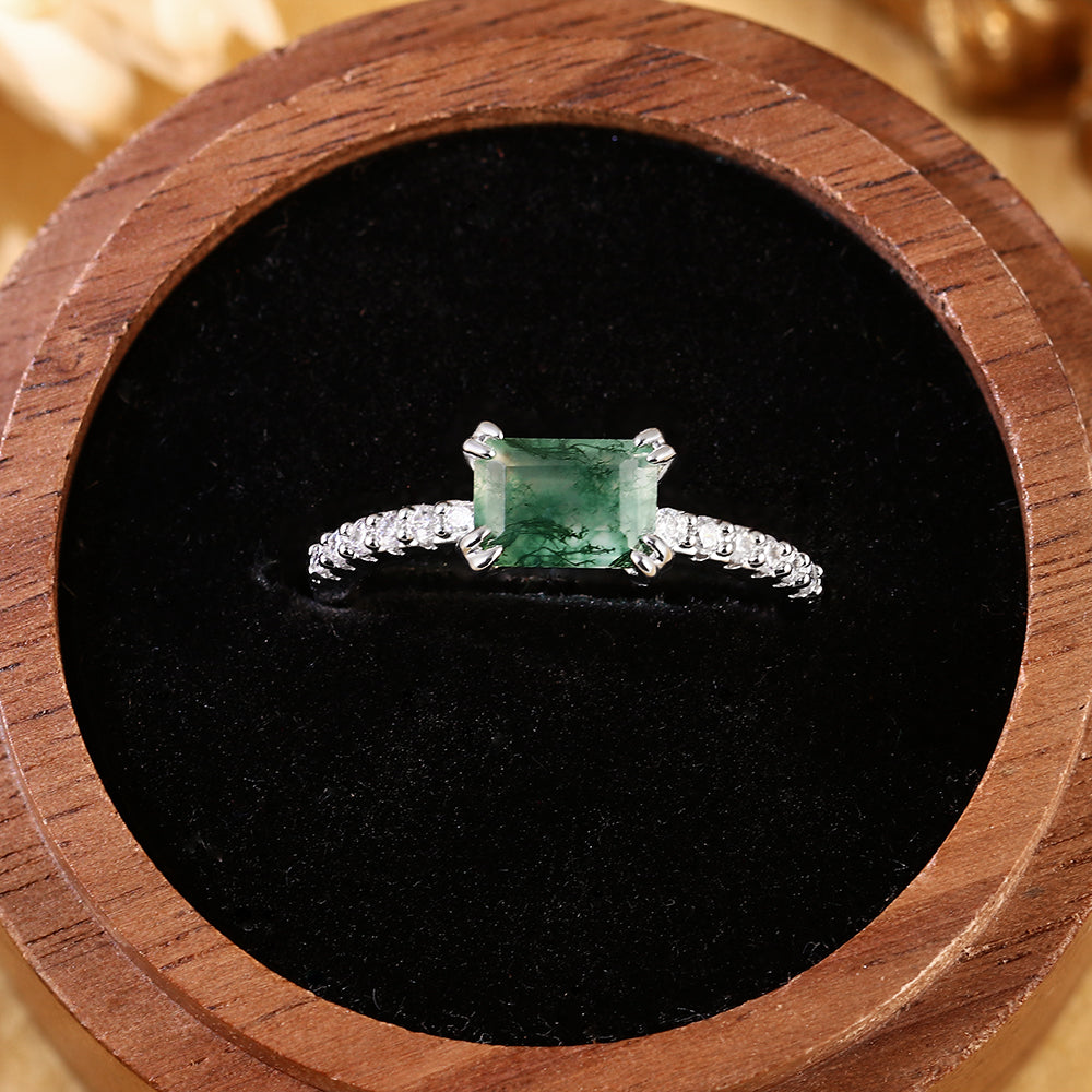 Vintage Inspired Emerald Cut Moss Agate Engagement Ring