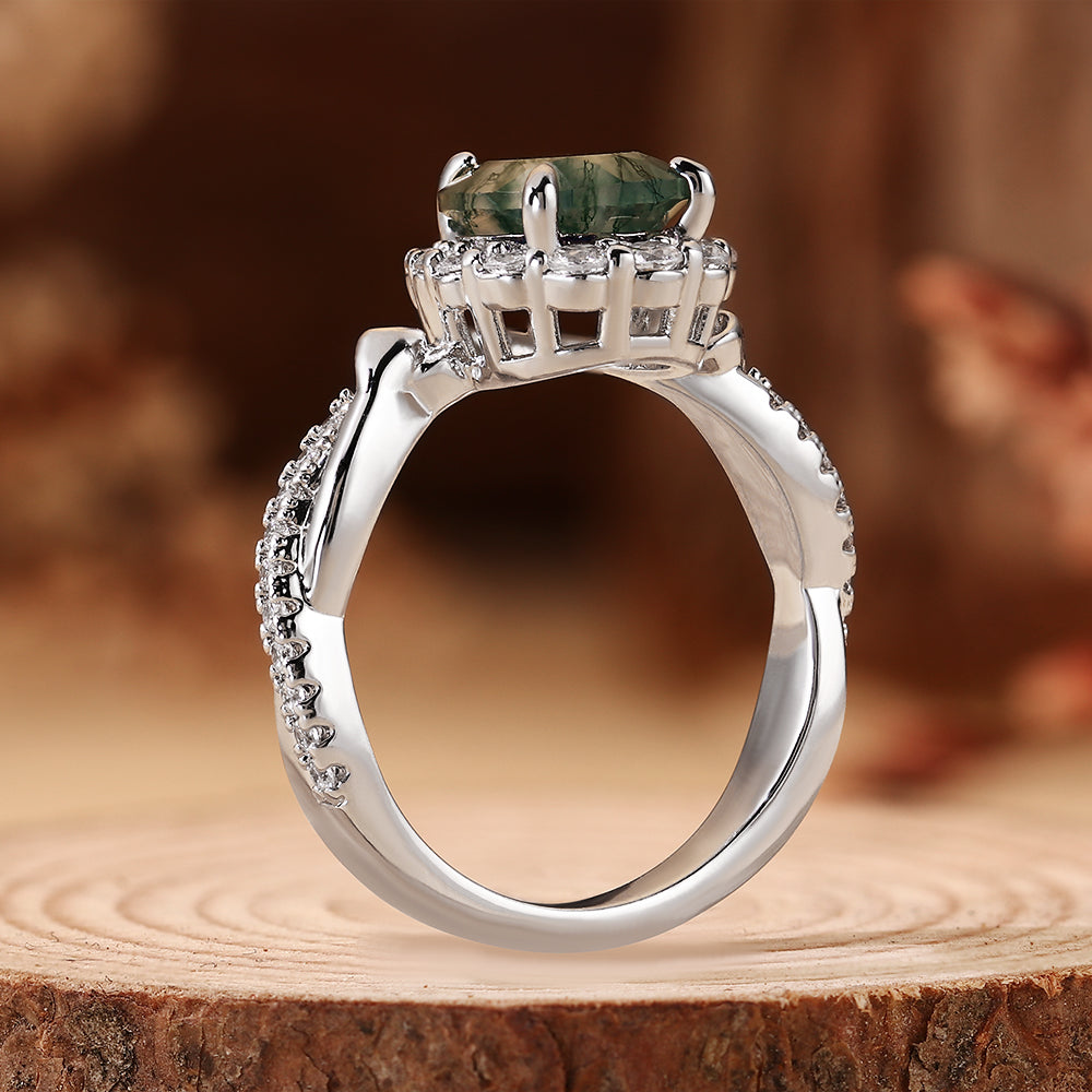 Vintage Natural Pear Cut Moss Agate Unique Halo Twisted Engagement Ring