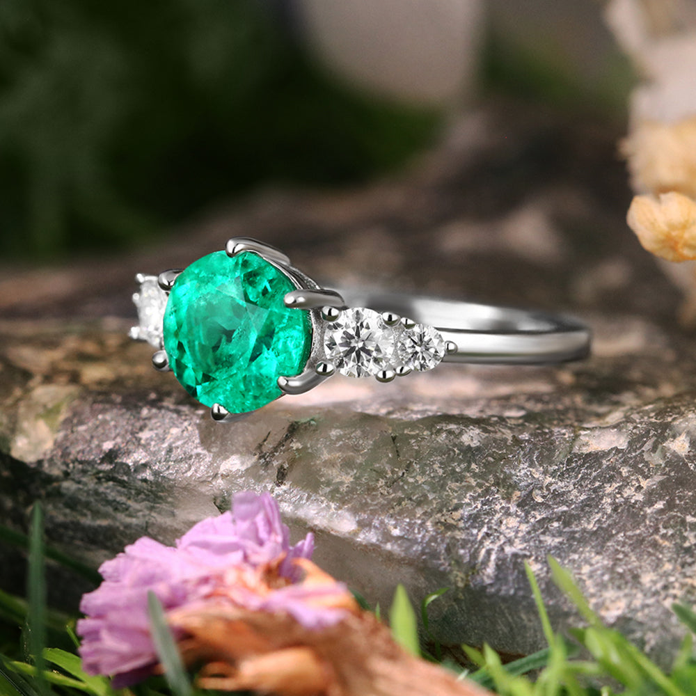 1.70 ct Round Cut Lab Emerald Vintage Five Stone Engagement Ring
