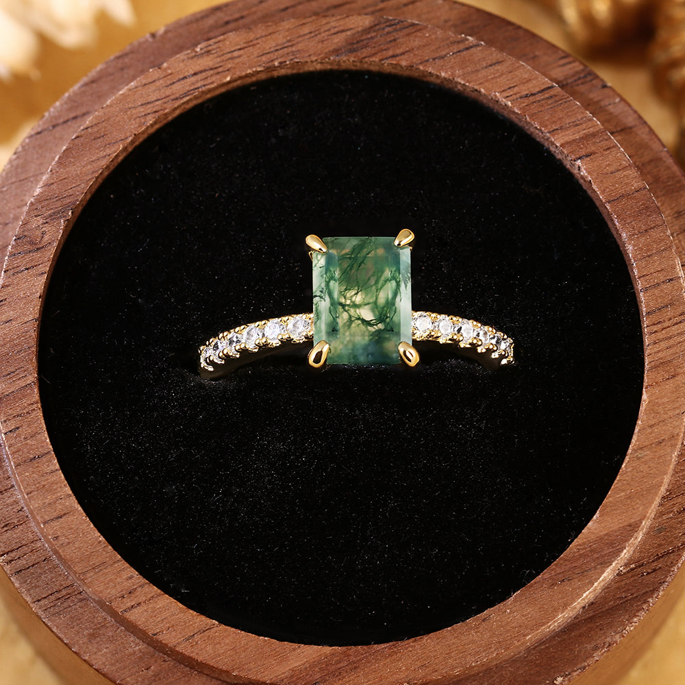 Nature Inspired Emerald Cut Moss Agate Vintage Pave Engagement Ring